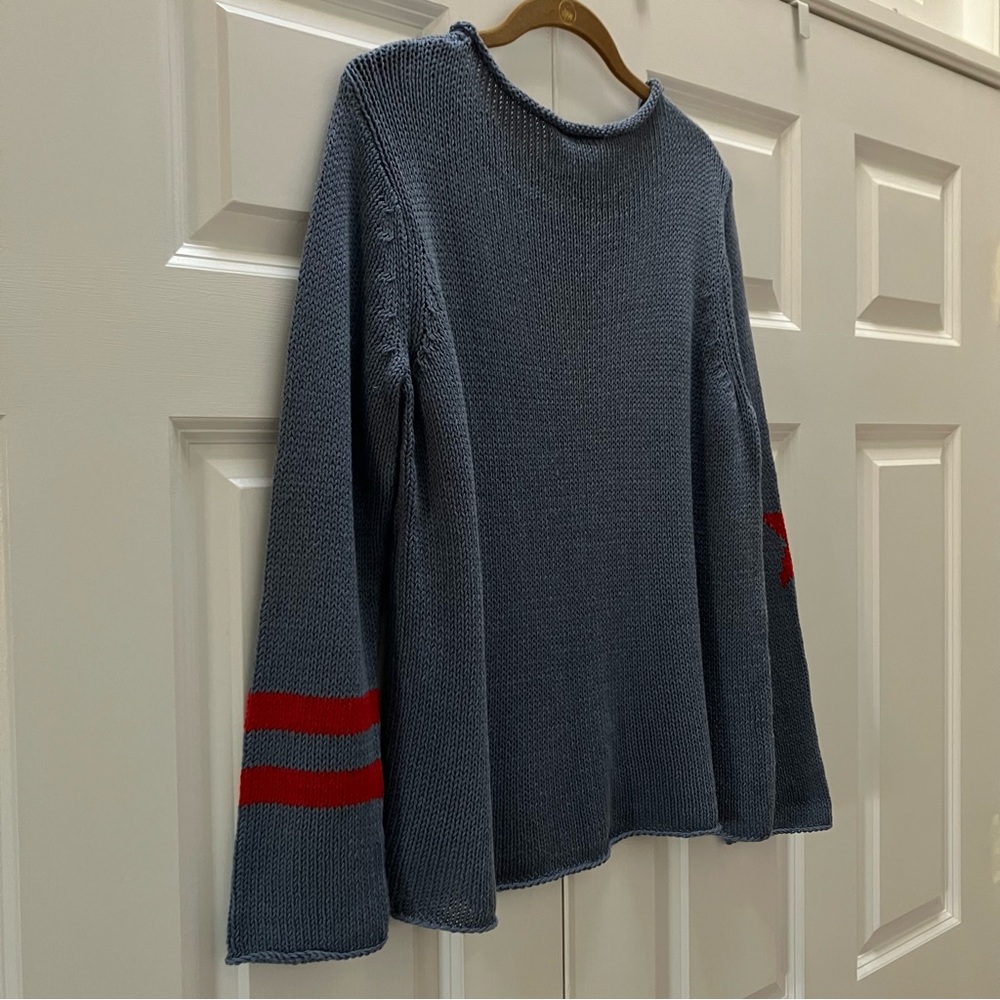 Wooden Ships Stars and Stripes Sweater USA Patriotic Blue Red Cotton Blend M/L - Picture 4 of 6